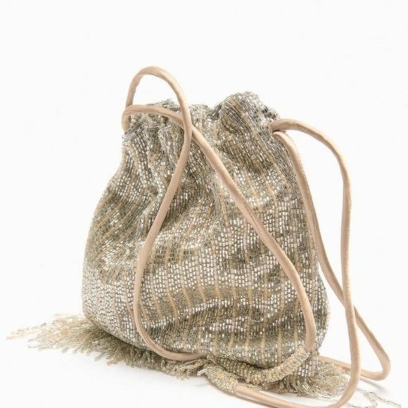 Zara Bags Zara Beaded Bucket Bag With Rhinestones Silver 67611